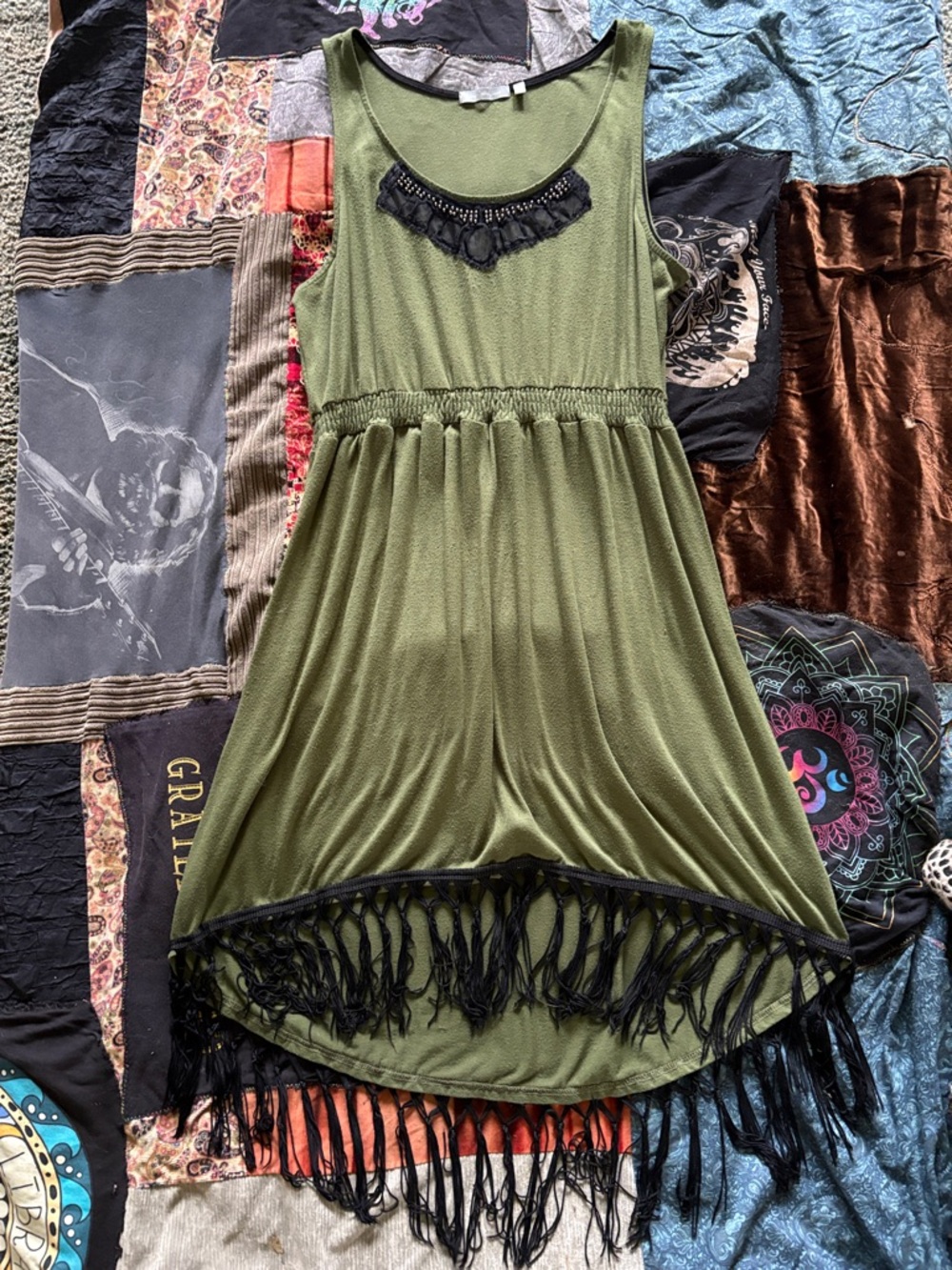 Women Olive Green Fringe Hem Sleeveless Dress XL